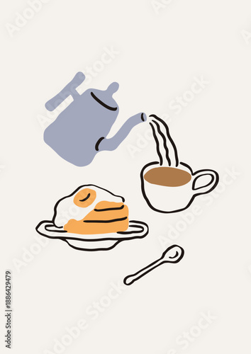 Breakfast poster design. Hand-drawn doodle morning meal, kitchen card. Coffee drink cup, fried egg and pancakes dish, utensils. Dolce vita drawing, Italian lunch serving. Flat vector illustration