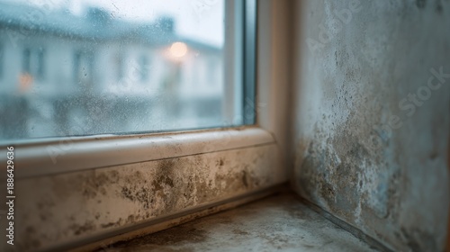 Moisture buildup on window sill in urban setting during late afternoon with fogged glass