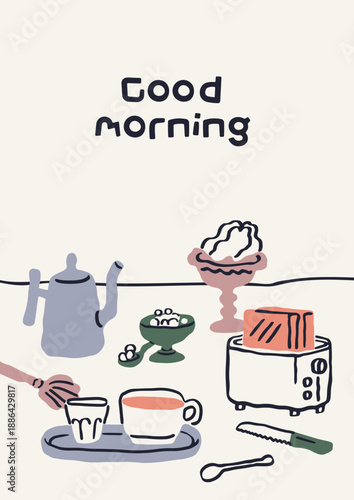 Good morning poster. Breakfast food and drink, hand-drawn doodle card design. Dolce vita Italian sketch style drawing with coffee cup, bread in toaster, utensils on table. Flat vector illustration