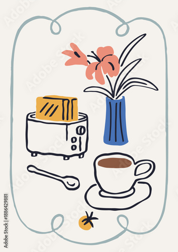 Coffee cup, flower in vase and bread in toaster, morning food and drink poster design. Breakfast snack, hand-drawn doodle sketch. Espresso and toast in Dolce vita frame. Flat vector illustration