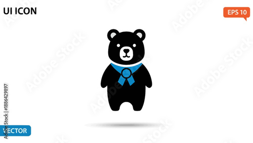 Cute black bear icon with blue ribbon and medal.