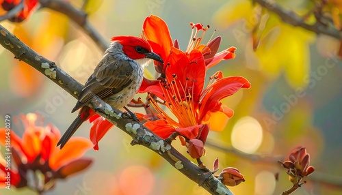 Wallpaper Mural Crimson-headed Finch perched among vibrant red flowers in nature. Torontodigital.ca