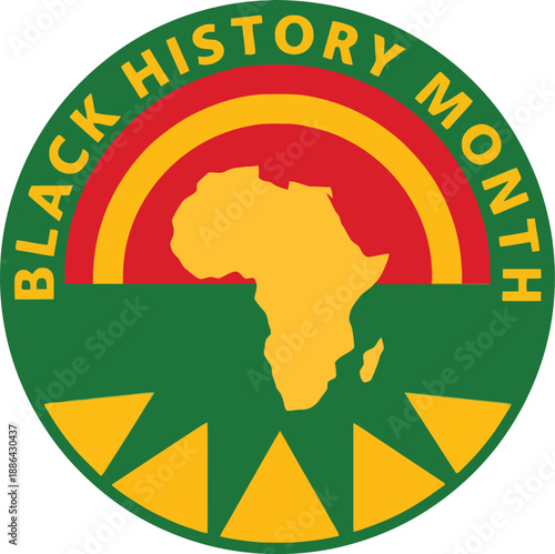 Black History Month vector with African continent silhouette and rising sun motif in Pan-African colors