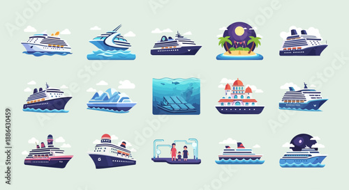 A vibrant 4K icon set featuring twelve unique and imaginative cruise ship designs in a modern flat and soft 3D style.