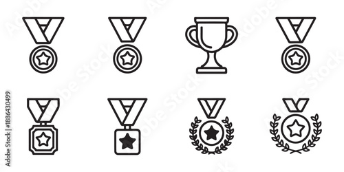 Linear award icons featuring medals with stars and trophy cup for competition winners in modern outline style