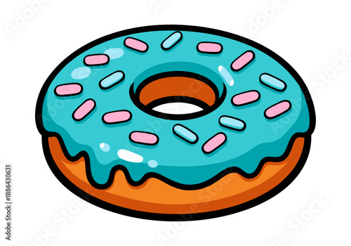 Pop art style illustration of a donut depicting blue icing and colorful sprinkles for sweet snack designs
