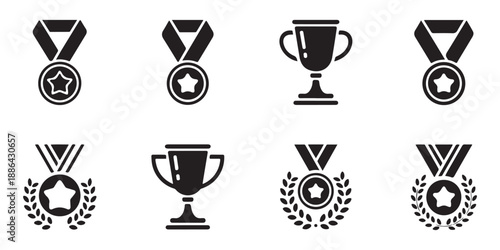 Black silhouette award medals and trophy cups with stars and laurel wreaths for champion victory collection
