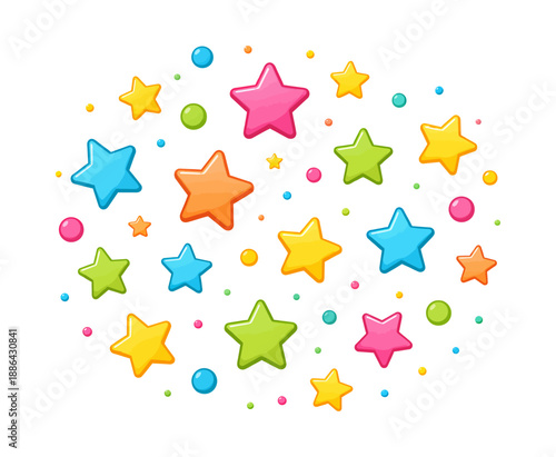 Cute cartoon star set featuring colorful glossy stars and dots for celebration design