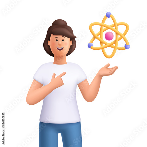 Young smiling woman Jane pointing at atom symbol. Science, physics, nuclear energy, education, knowledge and innovation concept. 3d vector people character. Cartoon minimal style.