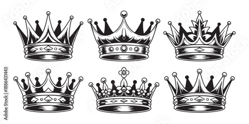 Elaborate crown vector icons set with detailed ornamentation for premium awards and royal themes