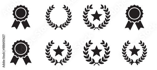 Laurel wreath frames and ribbon seal icons with central star elements for business awards and achievements set