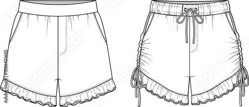 Women Fashion Shorts Flat Sketch Set with Elastic Waistband Drawstring Ruched Sides Ruffle Hem and Front Pockets Technical Vector Illustration