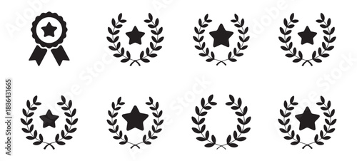 Laurel wreath and award ribbon badge icons with star symbols for success recognition and victory celebrations