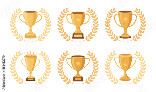 Golden trophy with laurel wreath, award cup, victory prize, champion reward, success symbol, competition.