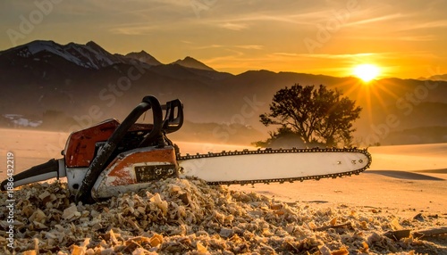 Wallpaper Mural Chainsaw on Wood Shavings at Sunset with Mountain Backdrop. Torontodigital.ca