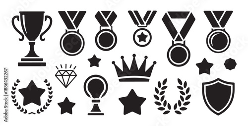 Trophy and medal silhouettes featuring crowns diamonds and stars for various achievement and success levels