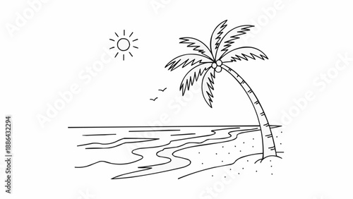 Simple Line Drawing of a Tropical Beach Scene with Palm Tree.