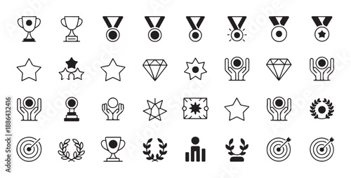 Line art icons set of awards with outline trophies stars medals diamonds and target symbols for success