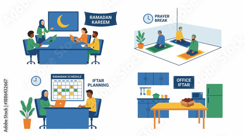Office workers engaging in Ramadan activities and prayer breaks in a modern workspace environment from an overhead viewpoint