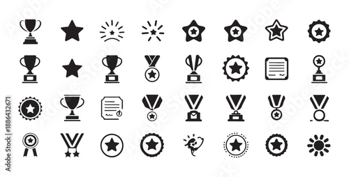 Assortment of trophies stars and medals for achievement and winning awards