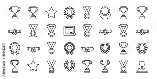 Minimalist outline award icons featuring trophy cups medals stars and scroll diplomas for victory celebration