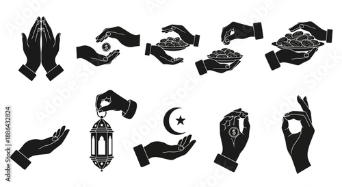 Various hands showcasing diverse gestures and symbolic objects in monochromatic illustrations from a straightforward viewpoint