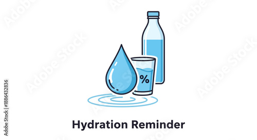 A hydration reminder illustration featuring a water droplet, bottle, and glass on a clean white background from a straightforward viewpoint