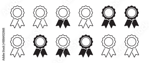 Comparison set of outline and solid award badges with hanging ribbons for certification and quality approval