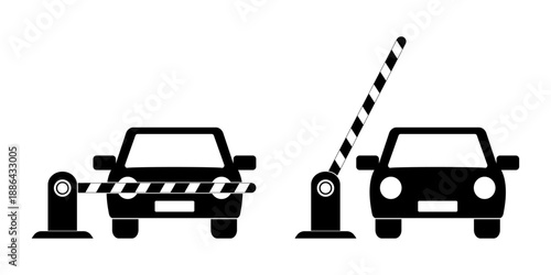 Set of car barrier icons. Car, barricade, barrier, toll gates, parking entrance, open barrier, closed barrier, parking ticket. flat vector illustration design