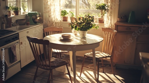 Sunlit kitchen nook with a round table and chairs.