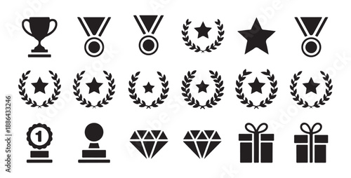 Set of award icons like trophies, medals, laurel wreaths, and stars for recognition and success