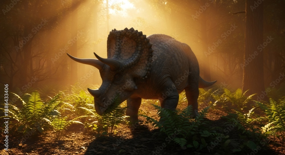 Fototapeta premium Triceratops dinosaur grazing in a prehistoric forest with sun rays. Ancient wild animal in Mesozoic era for natural history concept.