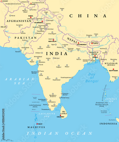 South Asia, political map with borders, capitals and large cities. Subregion of Asia, comprising the states India, Pakistan, Afghanistan, Nepal, Bhutan, Bangladesh, Sri Lanka, and the Maldives. Vector