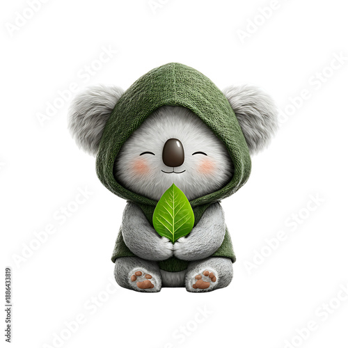Cute koala character wearing green hoodie holding fresh leaf isolated on white background. Animal character concept
