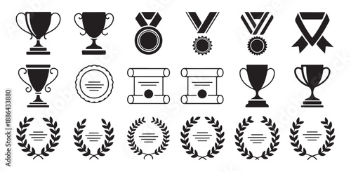 Trophy and laurel wreath silhouette collection for sports championships and academic achievement recognition