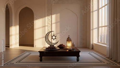 Wallpaper Mural Ramadan Kareem celebration with crescent moon and star lantern on a table in a sunlit room, evoking a peaceful and spiritual atmosphere. Torontodigital.ca