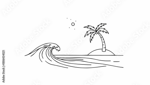 Minimalist Line Art Drawing of a Tropical Island with Palm Tree and Ocean Wave.