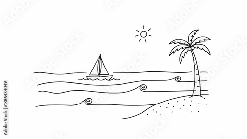 Simple hand drawn sketch of a sailboat on the ocean with a palm tree.
