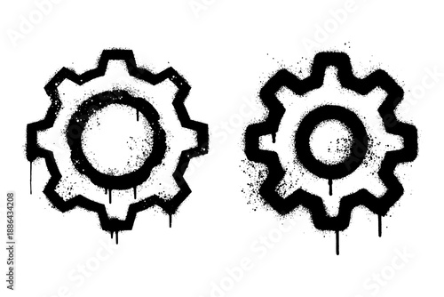 Grungy spray paint gear icons in stencil graffiti street art style