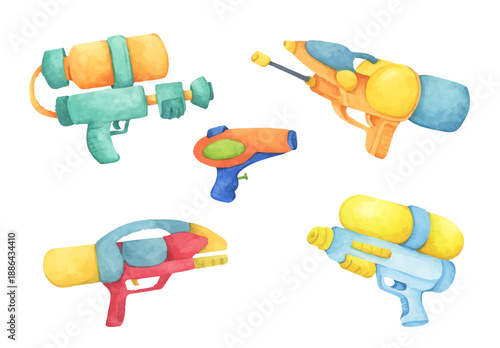 Colorful water gun toy set, Songkran festival, watercolor illustration, Thailand summer vibes, plastic spray gun shoot water, splashing wet fun, joy happy culture.