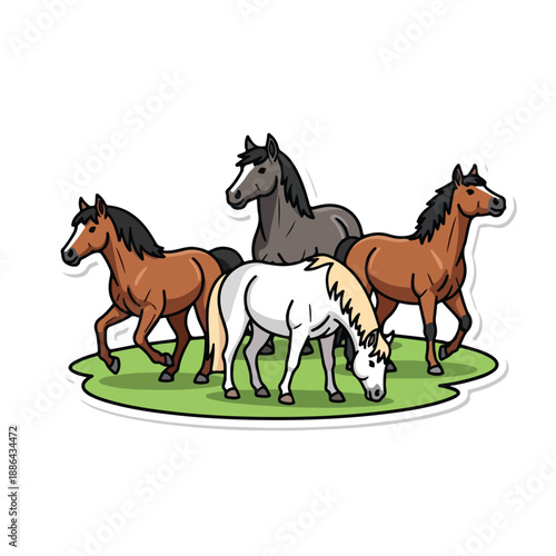Group of Four Horses Grazing Together.