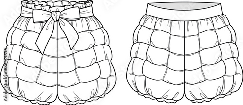 Women Quilted Puffer Shorts Fashion Flat Sketch Set with Bow Belt Paperbag Waist and Elastic Hem Technical Vector Apparel Illustration