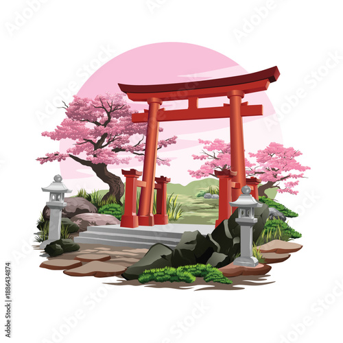 Illustration of Japanese Torii Gate with Cherry Blossoms in Zen Garden – Japanese Shrine Vector Landscape