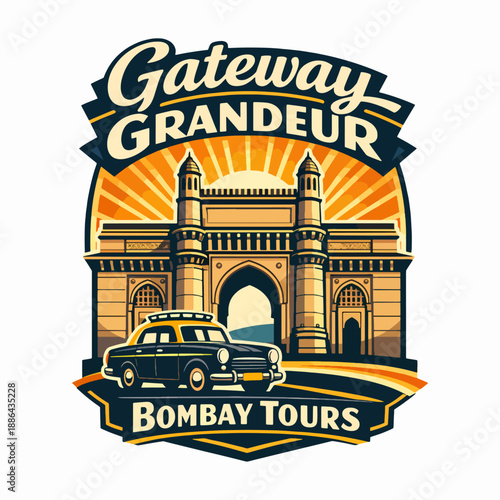 Gateway Grandeur Bombay Tours vintage poster with the Gateway of India arch, sunburst skyline and classic Ambassador taxi, colorful Mumbai travel illustration