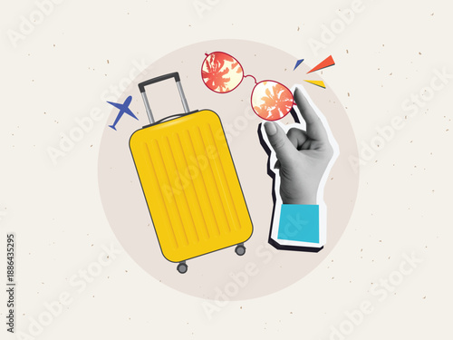 Black and white hand holding sunglasses, plane silhouette and yellow suitcase near. Travel concept. Modern collage style. Vector illustration