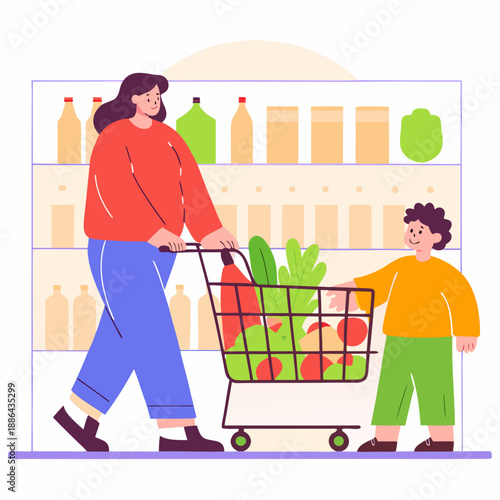 Minimal cartoon woman with kid pushing grocery cart. Clean design ideal for supermarket ads, family bonding and household visuals.