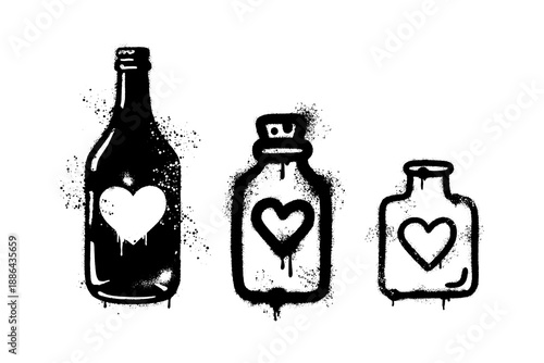 Urban street art spray painted bottles and jars with heart symbols