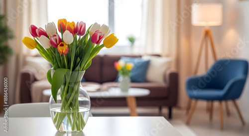 Vibrant tulips in a living room setting