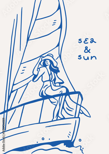 Summer holiday poster design in doodle Italian Dolce vita style. Italy coastal vacation, sea resort, hand-drawn sketch card with woman sailing on yacht. Outline postcard. Flat vector illustration