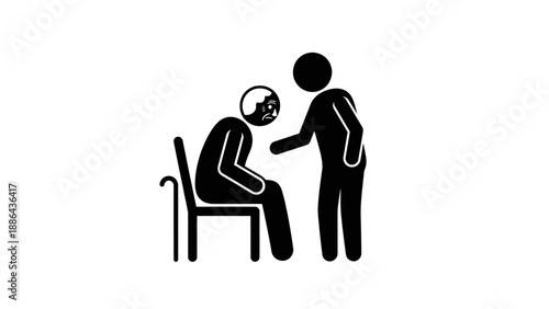 Elderly person receiving help from a caregiver stick figure illustration.